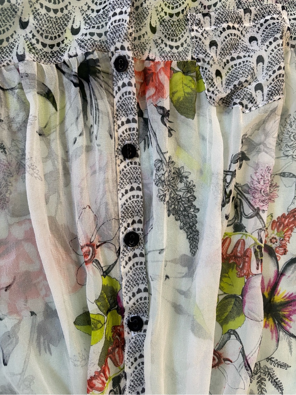 100% Silk Language white floral button front tank with tie size M semi sheer - Picture 4 of 5